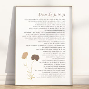 Proverbs 31 10-31 Virtuous woman Bible Verse Wall Art Poster/Canvas, Modern Boho Christian Scripture quote strength & dignity Floral Artwork